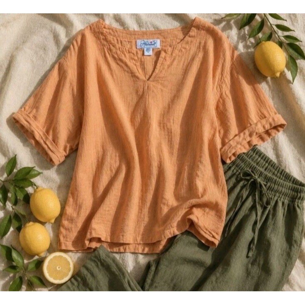 Haband Apricot Crinkle Cotton Tunic Top XXL 100% Cotton Relaxed Short Sleeve